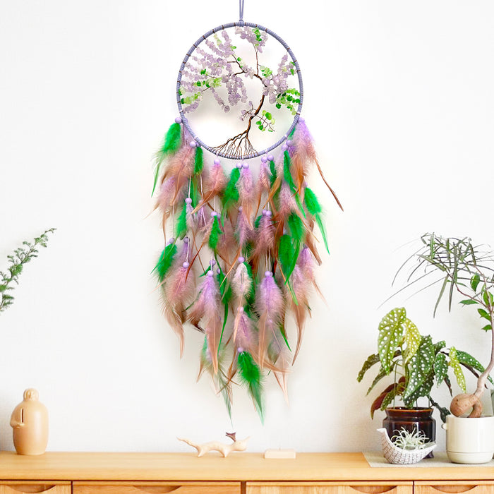 Wholesale Iron Hoop Cotton Thread Feather Handmade Dreamcatcher with Crystal Stones Tree of Life MOQ≥2