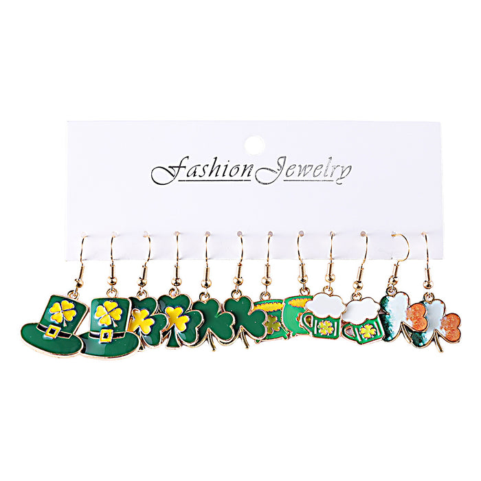 Wholesale Saint Patrick' s Day Green Clover Earring Set 6 Pairs Fashion Jewelry Accessory