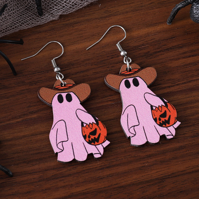 Wholesale  Western Ghost Face Pumpkin Cowboy Hat Ghost Pendant Earrings Wooden Denim Double-sided Earrings