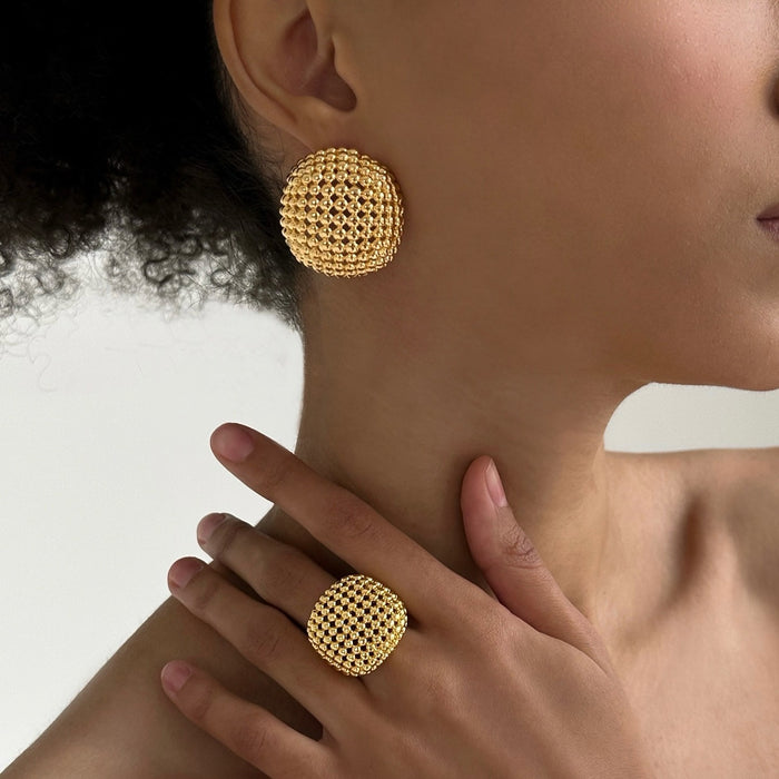 Wholesale Trendy retro ring set with niche design, geometric hollow out heavy-duty round bead metal earring accessories