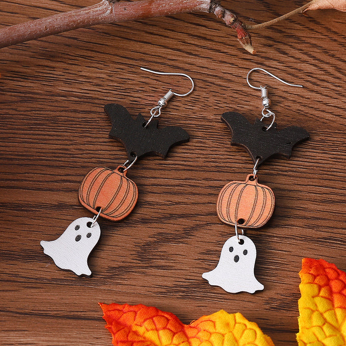 Wholesale  Witch Pumpkin Bat Ghost Pendant Earrings Wooden Double Sided  Earrings Gift