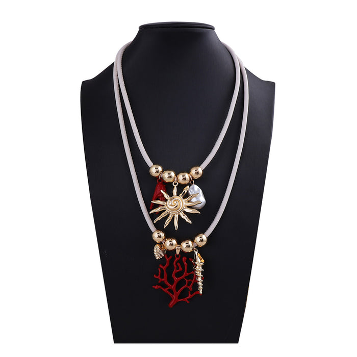 Wholesale Alloy Sun Coral Imitation Pearl Double Layer Stacked Leather Cord Necklace for Women