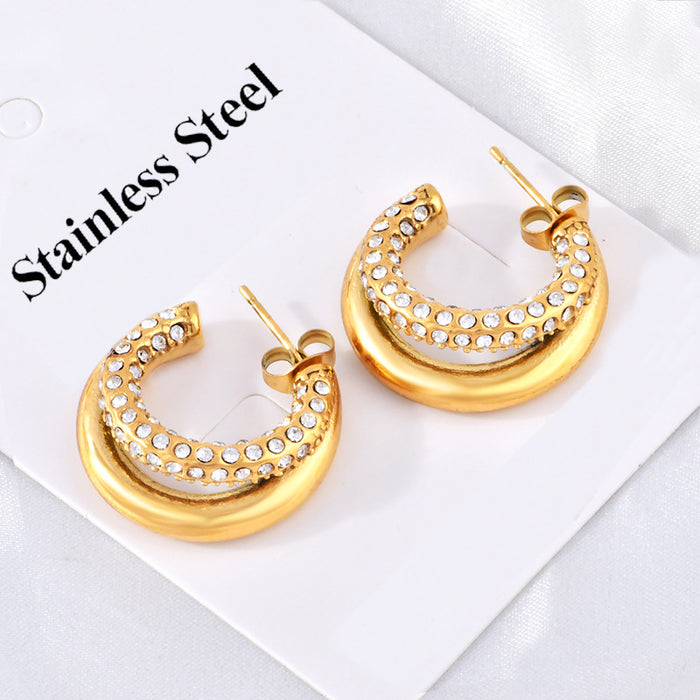 Wholesale Gold-Plated Stainless Steel Double-Layer Smooth Hoop Earrings with Diamonds