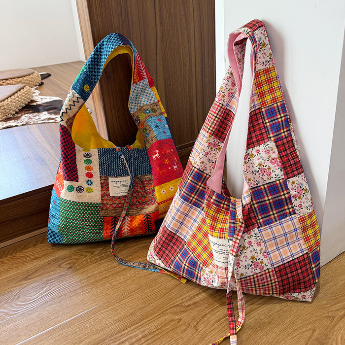 Wholesale Retro double-sided patchwork pericardial shoulder bag, large capacity shopping bag
