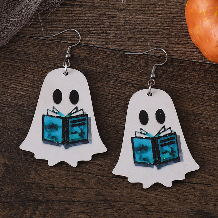 Wholesale  Gothic Style Cute Ghost Flower Book Pocket Ghost Pendant Wooden Double-Sided Earrings