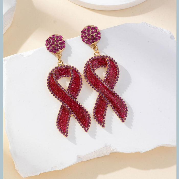 Wholesale Red Ribbon Breast Cancer Awareness Day Festival Glitter Enamel and Rhinestone Earrings