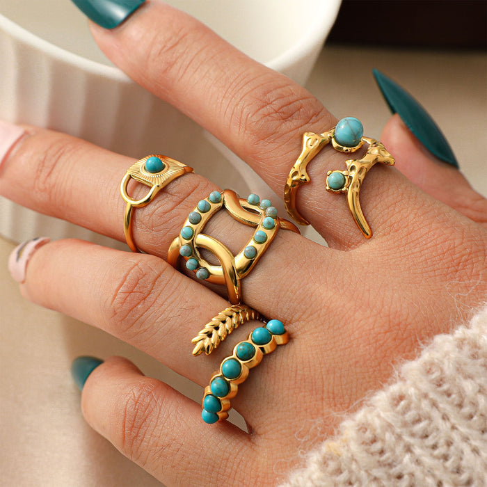 Wholesale Stainless Steel Gold Turquoise Wheat-Ear Design Adjustable rings