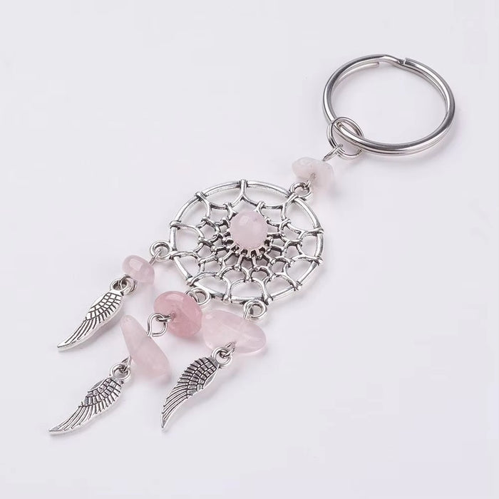 Wholesale Bohemian Dreamcatcher Keychain with Crystal Chips Feather Tassel Green Car Key Accessory