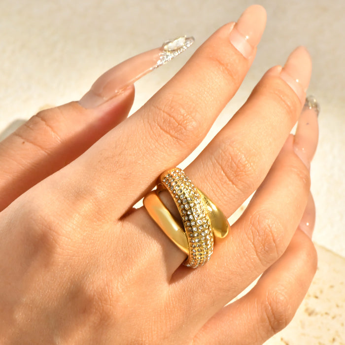 Wholesale  Geometric Cross-Inlaid Zircon Exaggerated Stainless Steel 18K Gold Ring