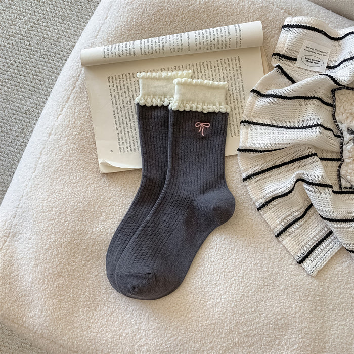 Wholesale New socks with children's embroidery, love heart, women's tube socks, versatile, college style, double-layer lace stacking socks