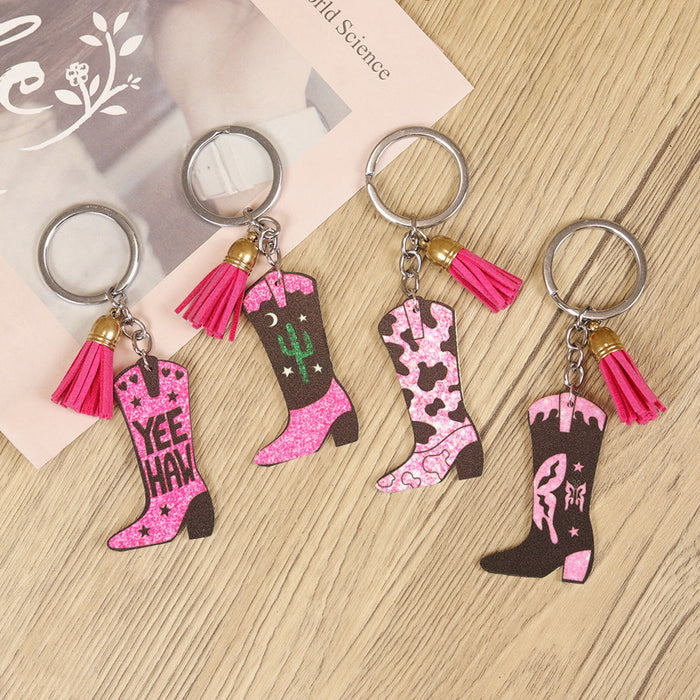 Wholesale Keychain Retro Western Distressed Cowboy Boots Cactus Cowboy Butterfly Pink Tassel