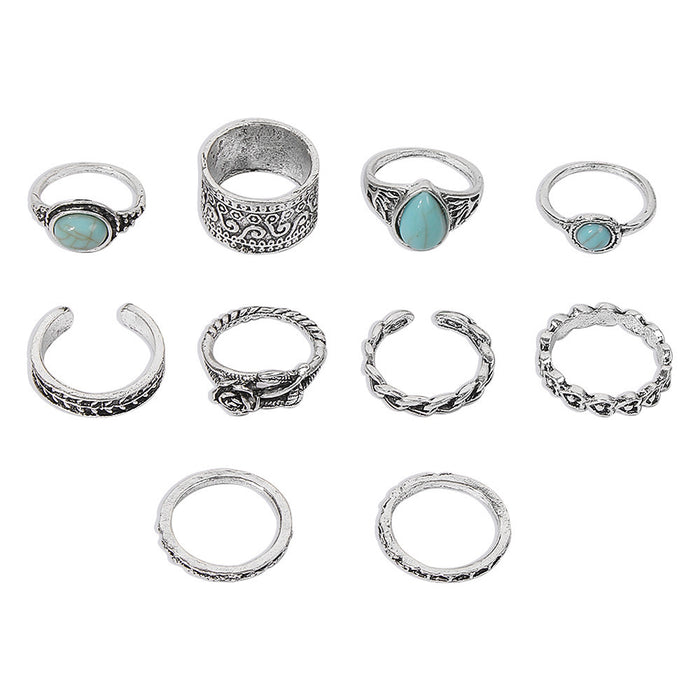 Wholesale vintage totem flower turquoise 10-piece ring