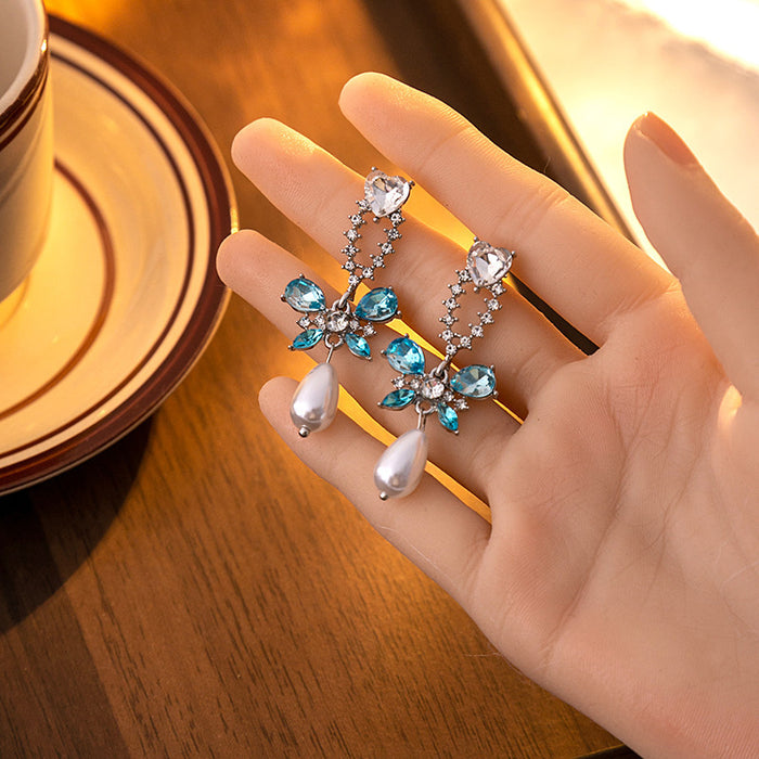 Wholesale Silver needle sweet pink heart earrings simple micro-inlaid zircon pearl earrings bow earrings