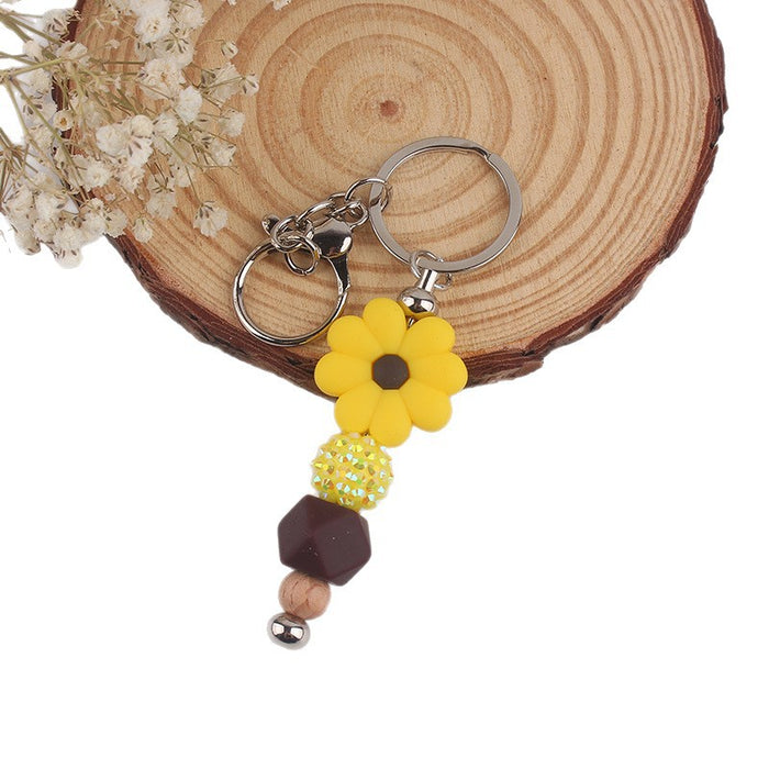 Wholesale Begonia  Flower Beaded Tassel Keychain Pendant Silicone Beads Handmade Bag Decoration Hanging