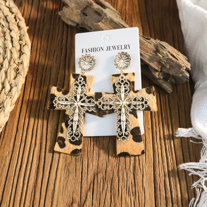 Wholesale Leather leopard print cross earrings niche design retro ing earrings