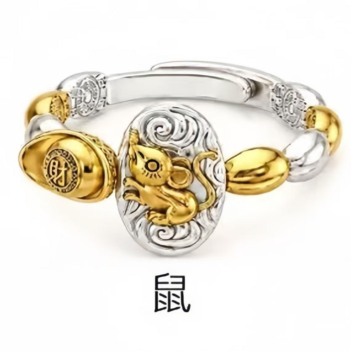 Wholesale Chinese Zodiac Rat Adjustable Open Ring Seven Grain Retro Gold Plated Copper Unisex Jewelry Boutique Resale Gift