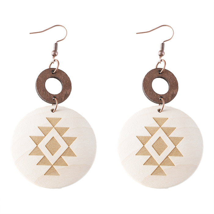 Wholesale Bohemian Western style cactus sun Aztec pattern wooden laser disc ing earrings