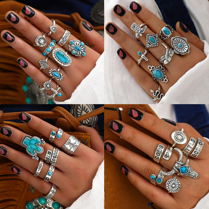 Wholesale Retro Bohemian turquoise cactus carved multi-piece suit ring