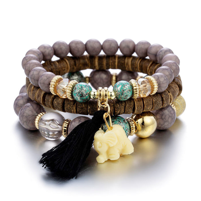 Wholesale Ethnic Style Elephant Tassel Wooden Beads Multi-layer Bracelet JDC-BT-NHong012