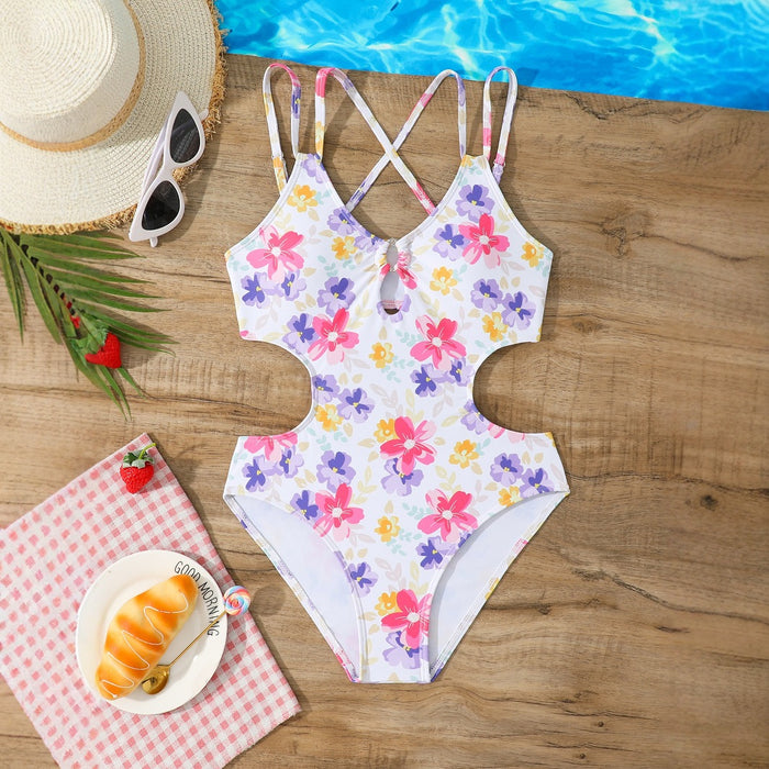 Wholesale Girls' one-piece swimsuit, children's one-piece shoulder strap, cross suspender, hollowed out floral swimsuit
