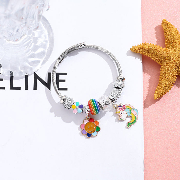 Wholesale Stainless Steel Unicorn Sunflower Pendant Opening Adjustable Beaded Bracelet