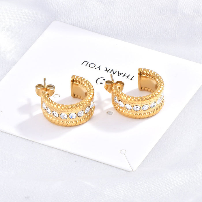 Wholesale  Diamond twisted thread stainless steel geometric earrings  C- shaped earrings for women