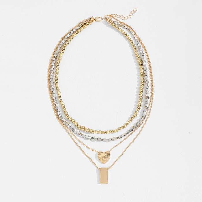Wholesale Artistic retro layered necklace with gold and silver color blocking design, layered and heart-shaped square pendant