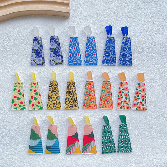 Wholesale cartoon print women's  floral long geometric earrings