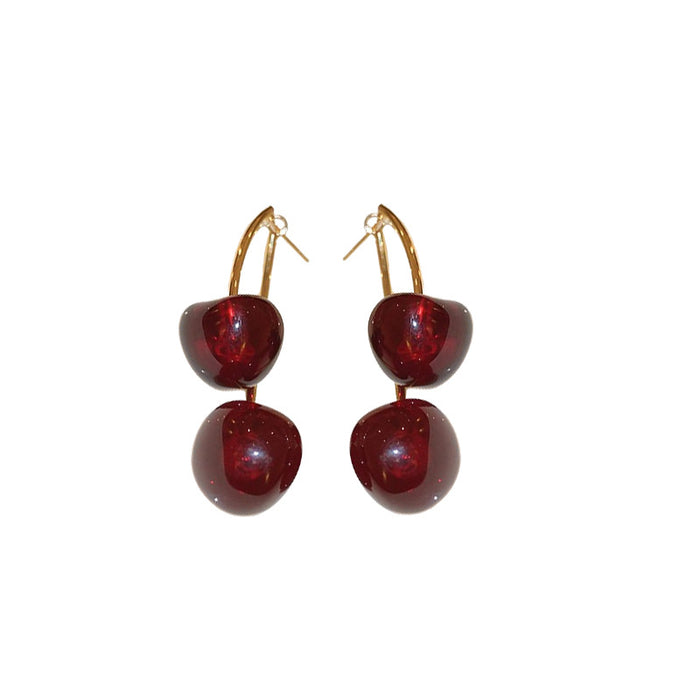 Wholesale dark red resin cherry fruit silver pin earrings high-end earrings women