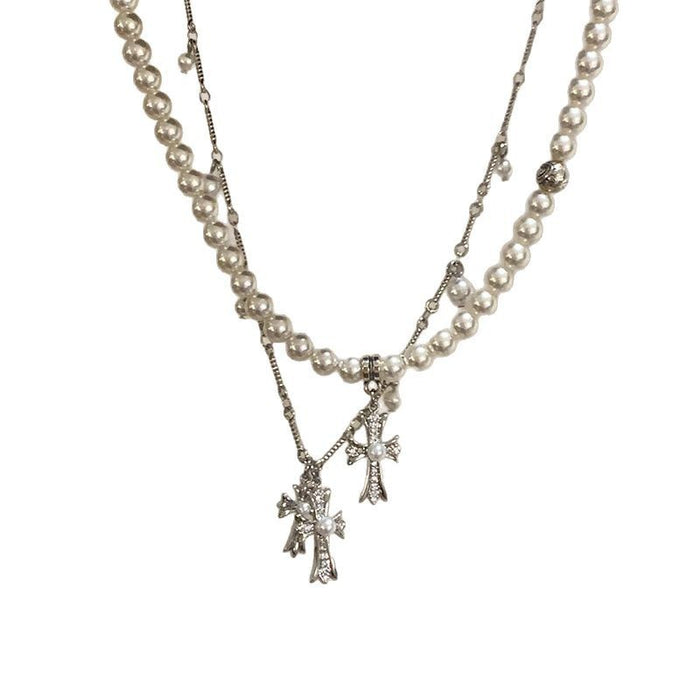 Wholesale Double-Layer Layered Cross and Pearl Choker Necklace