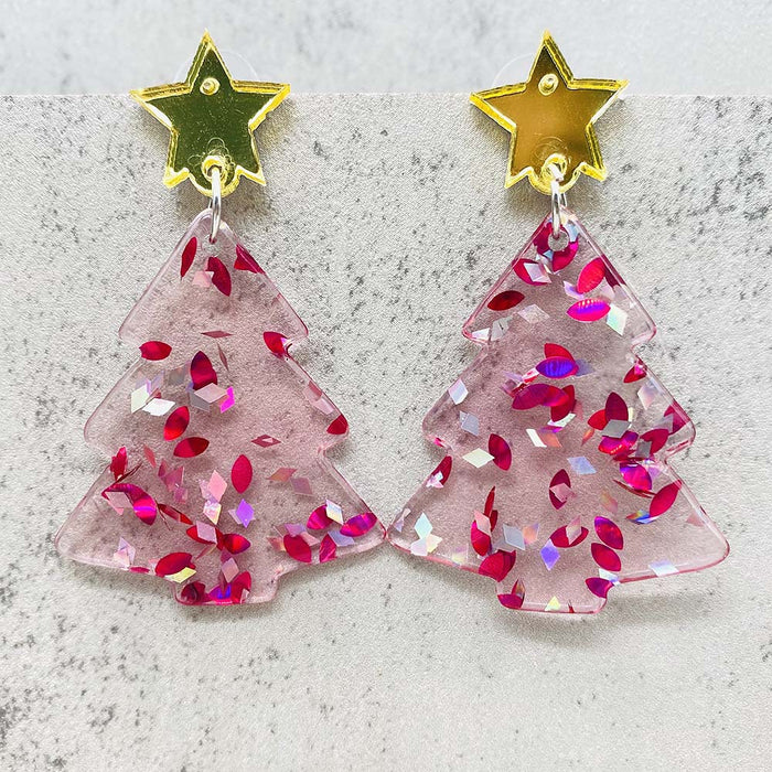 Wholesale Christmas earrings pink Christmas tree five-pointed star cat acrylic earrings Christmas gift
