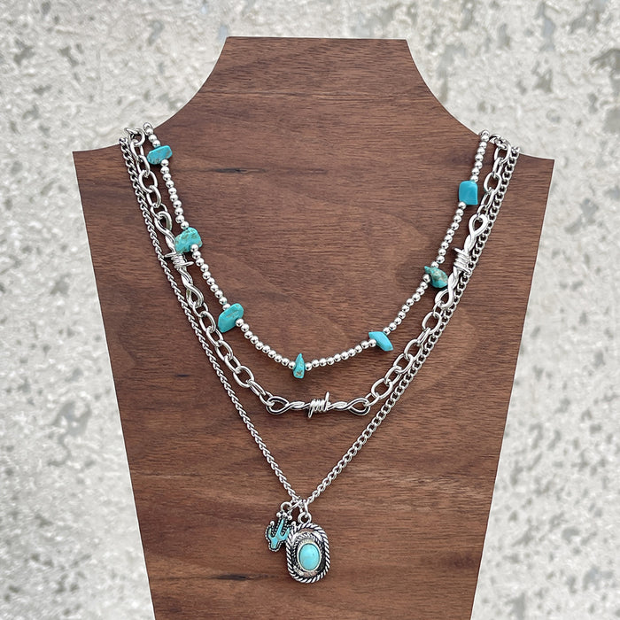 Wholesale Vintage personalized imitation turquoise collarbone chain bead necklace set accessories