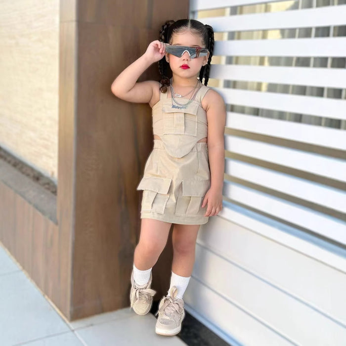 Wholesale Tube Top Suspenders Multi-pocket Short Skirt Children's Suit JDC-CTS-YaYaMi042