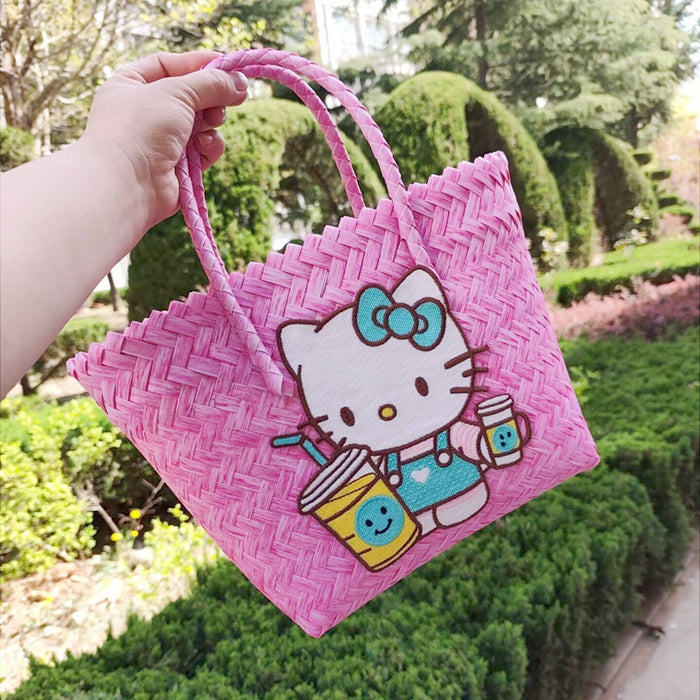 Wholesale Woven Basket Bag Shoulder Hand Bag Cute Rattan Cloth Cartoon Woven Bag