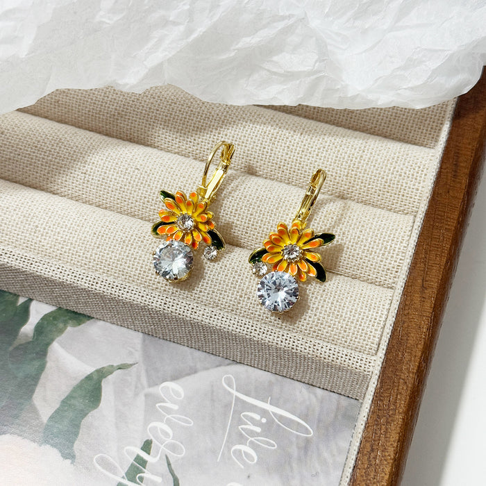 Wholesale Design Sunflower Earrings with Drip Oil Sunflower Sparkling Diamond Earrings and Earrings