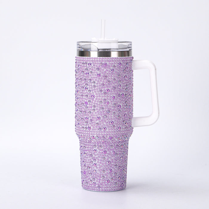 Wholesale Stainless steel pearl insulation cup,  large capacity,  pearl inlaid car cup,  40oz handle,  straw sticker,  diamond ice cup