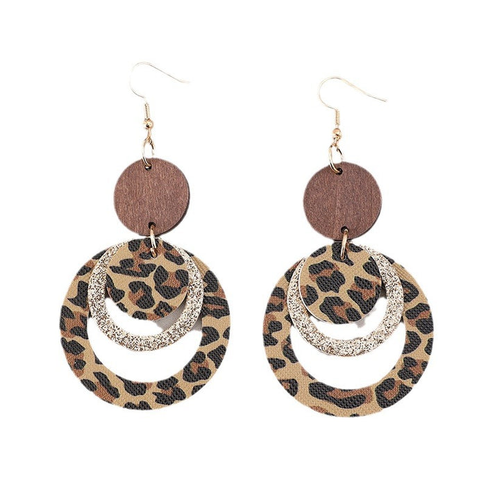 Wholesale New retro style three-layer leopard print sequin ring leather earrings and earrings wholesale