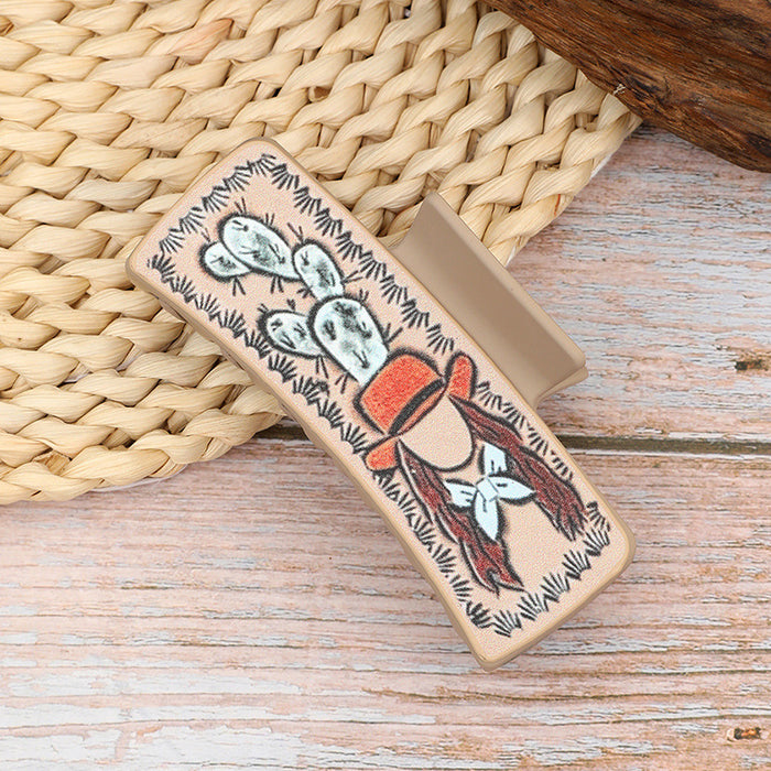 Wholesale Western Denim Wind Cactus Leather Women' s Hairpin Grab Clip Shark Clip