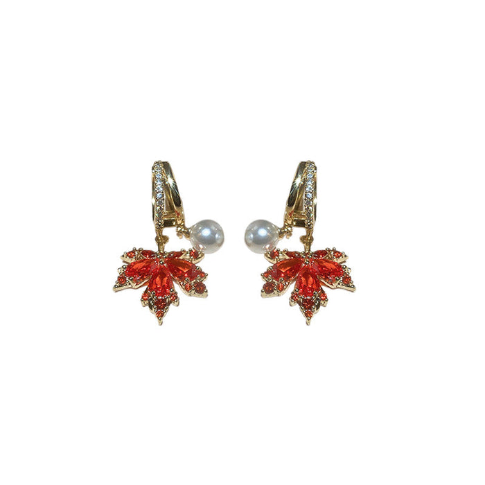 Wholesale Earrings Alloy Pearl Zircon Red Maple Leaf Double Layer JDC-ES-BY344