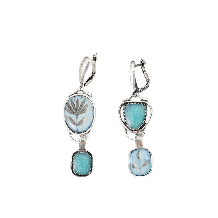 Wholesale Retro ethnic style asymmetrical geometric inlaid blue gemstone printed plant alloy earrings