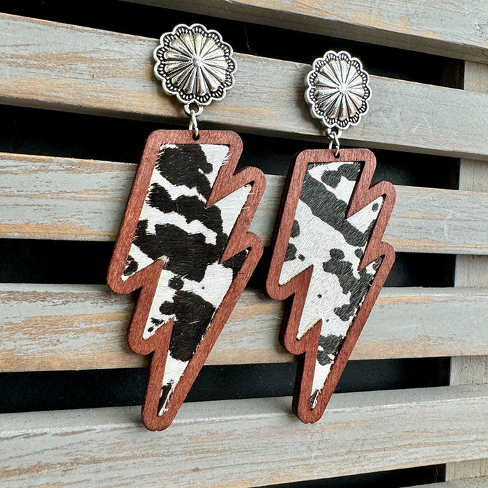 Wholesale Western lightning earrings classic leopard print genuine leather inlaid wood texture earrings