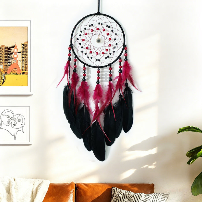 Wholesale Handmade Feather Dreamcatcher Wine Red Boho Wall Hanging Home Decor Accent MOQ≥2