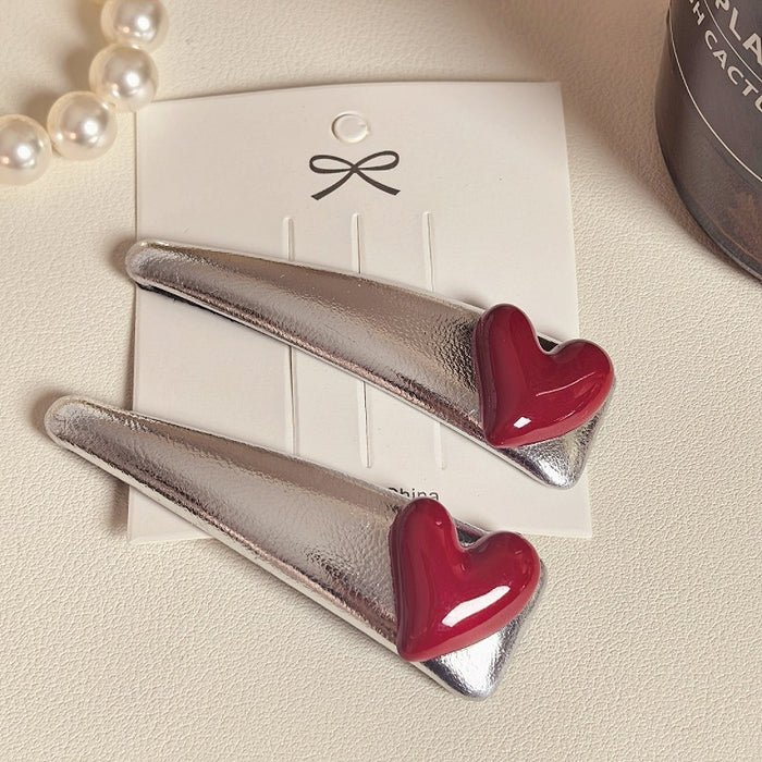 Wholesale Silver white leather hair clip, red heart hair accessory, exquisite broken hair, bangs clip, side clip