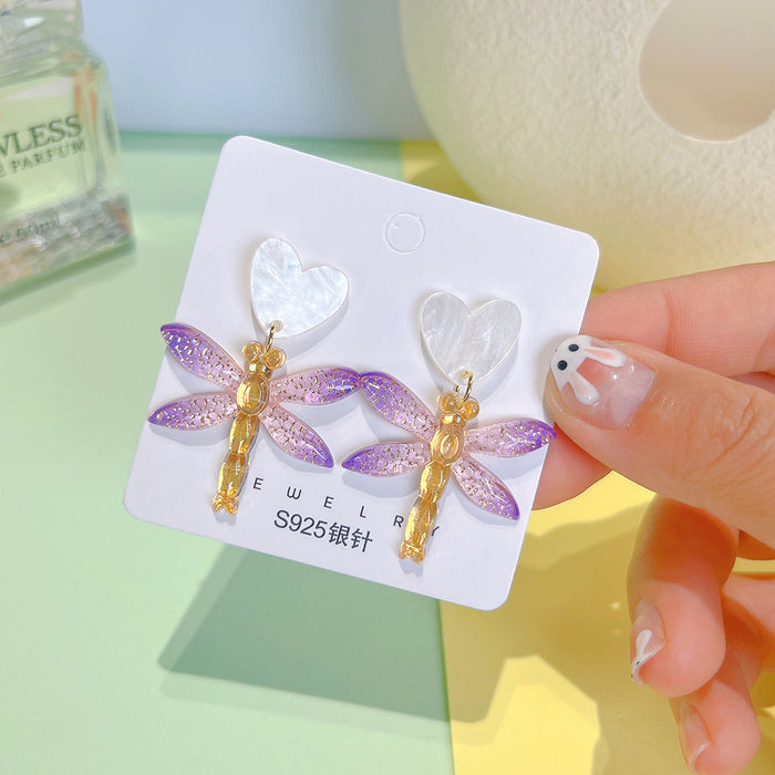 Wholesale Dragonfly Heart Acrylic   Silver Needle Earrings JDC-ES-PinHeng003