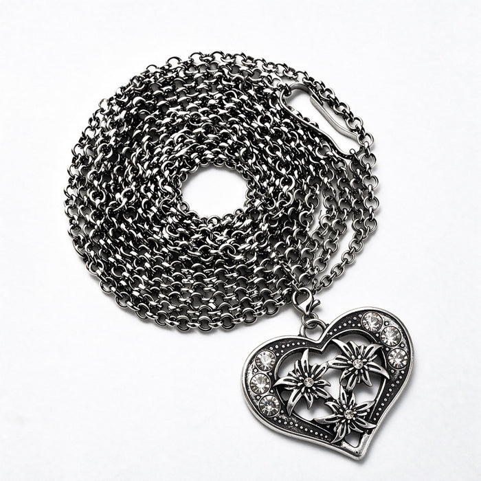 Wholesale Retro Edelweiss Long Pendant Necklace Red Heart Shaped Alloy Charm Bavarian Beer Festival Style Layered Fashion Jewelry Accessory
