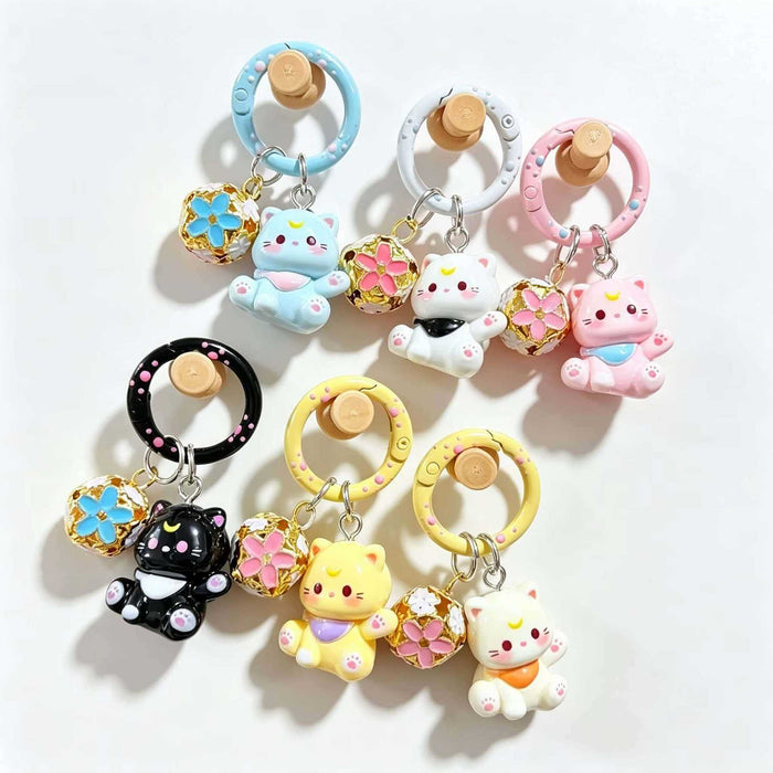 Wholesale Resin Cartoon Kitten Keychain Cute Pink Cat With Bell Bag Charm For Girls Students Gift Accessory