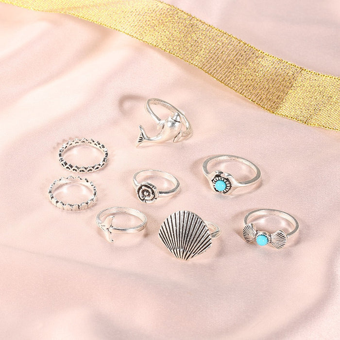 Wholesale Ethnic Style Retro Turquoise Carved Feather Ring Fashionable and Personalized 8-Piece Combination Ring Set