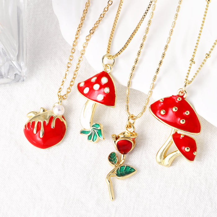 Wholesale  Jewelry Red Mushroom Pendant Necklace Women's Gold Plated Oil Drop Flower Collarbone Chain