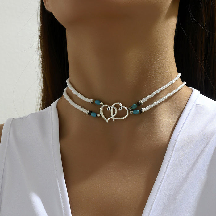 Wholesale Beach Vacation Style Double Heart Beaded Jewelry Set Alloy Necklace and Bracelet MOQ≥2