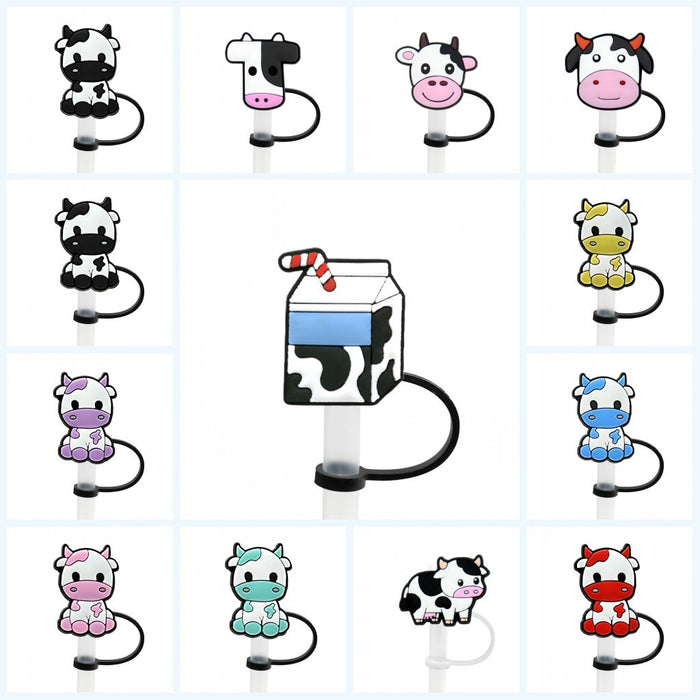 Wholesale of 10pcs Cow Patterned Pentagonal Silicone Dustproof Straw Plugs JDC-SCR-KuaJi012